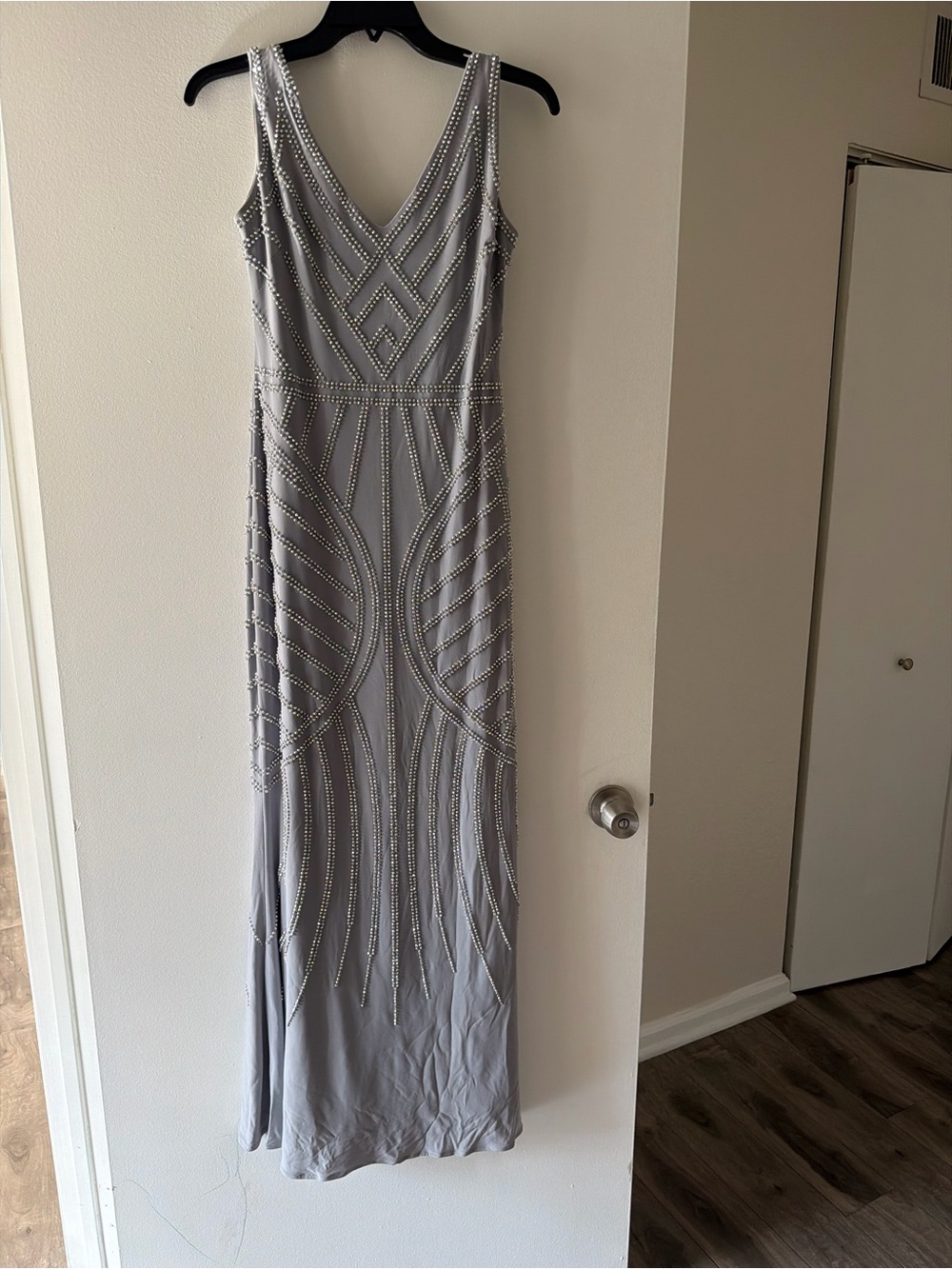 Aqua Silver Beaded V-Neck Maxi Dress